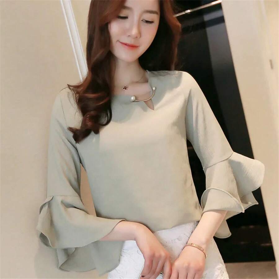 Women's Loose Chiffon Blouse With Seven-Point Ruffle Sleeves - 黑色 - 查看 1
