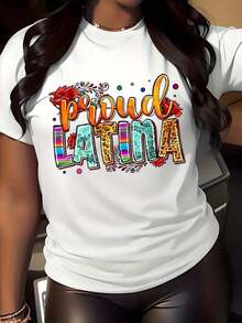 Camisetas gráficas de manga corta para mujer, camiseta de cuello redondo para mujer, estampado floral arcoíris "Proud Latina", camiseta de manga corta para uso casual, fiestas y celebraciones culturales, estilo vintage. - Blanco - Ver 6