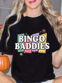 Camiseta estampada para mujer Bingo Baddies, manga corta, cuello redondo, top casual para primavera y verano, regalos para amigas y familiares. Ropa de talla grande para mujer, blusas estampadas para mujer. - Negro - Ver 6