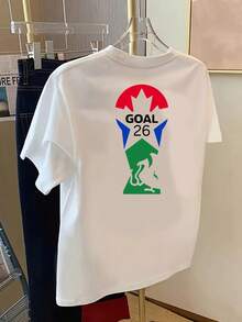 Camiseta de manga corta con estampado frontal y trasero, GOAL 26, top casual de moda para mujer con temática de fútbol, camiseta casual de manga corta con cuello redondo, adecuada para verano y primavera, ropa de mujer 100% algodón. - Blanco - Ver 2