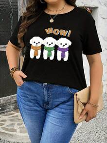 Ropa de mujer de talla, camiseta holgada de mujer - Estampado con diseño de Pomerania y! , top negro casual de manga corta con cuello redondo, adecuada para uso diario en primavera y verano, ropa para amantes de las mascotas - Camiseta unisex de algodón holgada de manga corta y cuello redondo estilo vintage urbano. - Negro - Ver 3