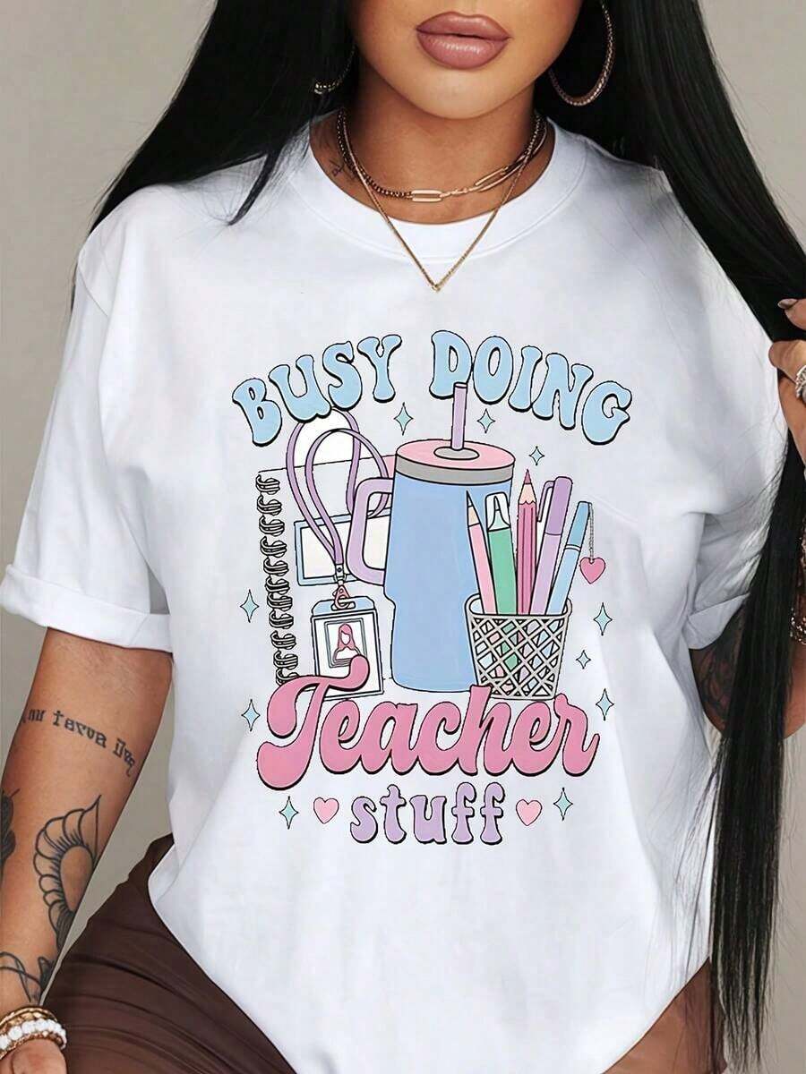100% algodón puro, para mujerCamiseta lindaMaestroCamisetaRosa&AzulOcupadoHaciendoMaestroCosasGráficoDiseñoParaEscuelaAula, AdecuadoParaCumpleaños,HalloweenDía de Acción de GraciasNavidadIdealRegalosParaAmigosYFamilia,AdecuadoParaTodosEstaciones del año,MujeresPlusTamañoRopa - Blanco - Ver 1