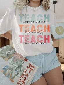 Camiseta Casual de Manga Corta con Cuello Redondo y Estampado para Mujer, Camiseta Gráfica con Frases Motivacionales para Maestras y Educadoras, Adecuada para Fiestas de Navidad, Actividades Deportivas, Fiestas de Fin de Año, Salidas, Deportes y Otros Regalos Festivos. Camiseta unisex de algodón de manga corta y cuello redondo, estilo vintage urbano, holgada. Blusas para mujer. blusas.blusas casuales para dama. - Blanco - Ver 1