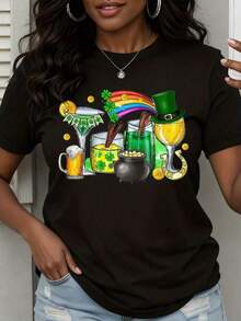 Camiseta del Día de San Patricio con diseño de cerveza y cóctel "Cubo de Oro Arcoíris" para mujer, camiseta de celebración, amuleto de la suerte, ropa para fiesta temática irlandesa - Estilo callejero vintage, unisex, holgada, de algodón, manga corta, cuello redondo, 100% algodón. - Negro - Ver 7
