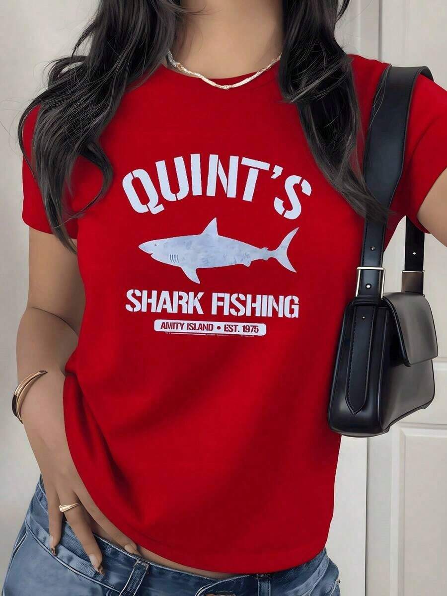Camiseta con Estampado Gráfico de Pesca de Tiburones, 180g, 1 Pieza, Aventura Oceánica, Camiseta Casual de Mujer 100% Algodón, Ropa de Calle de Verano - Rojo - Ver 1