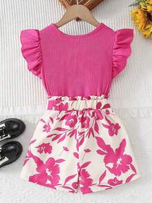 Bộ 2 áo crop top và quần short có gân cho bé gái, thiết kế in họa tiết cho hoạt động ngoài trời và mặc hàng ngày, mùa hè - Màu Hồng Tươi - Xem 2