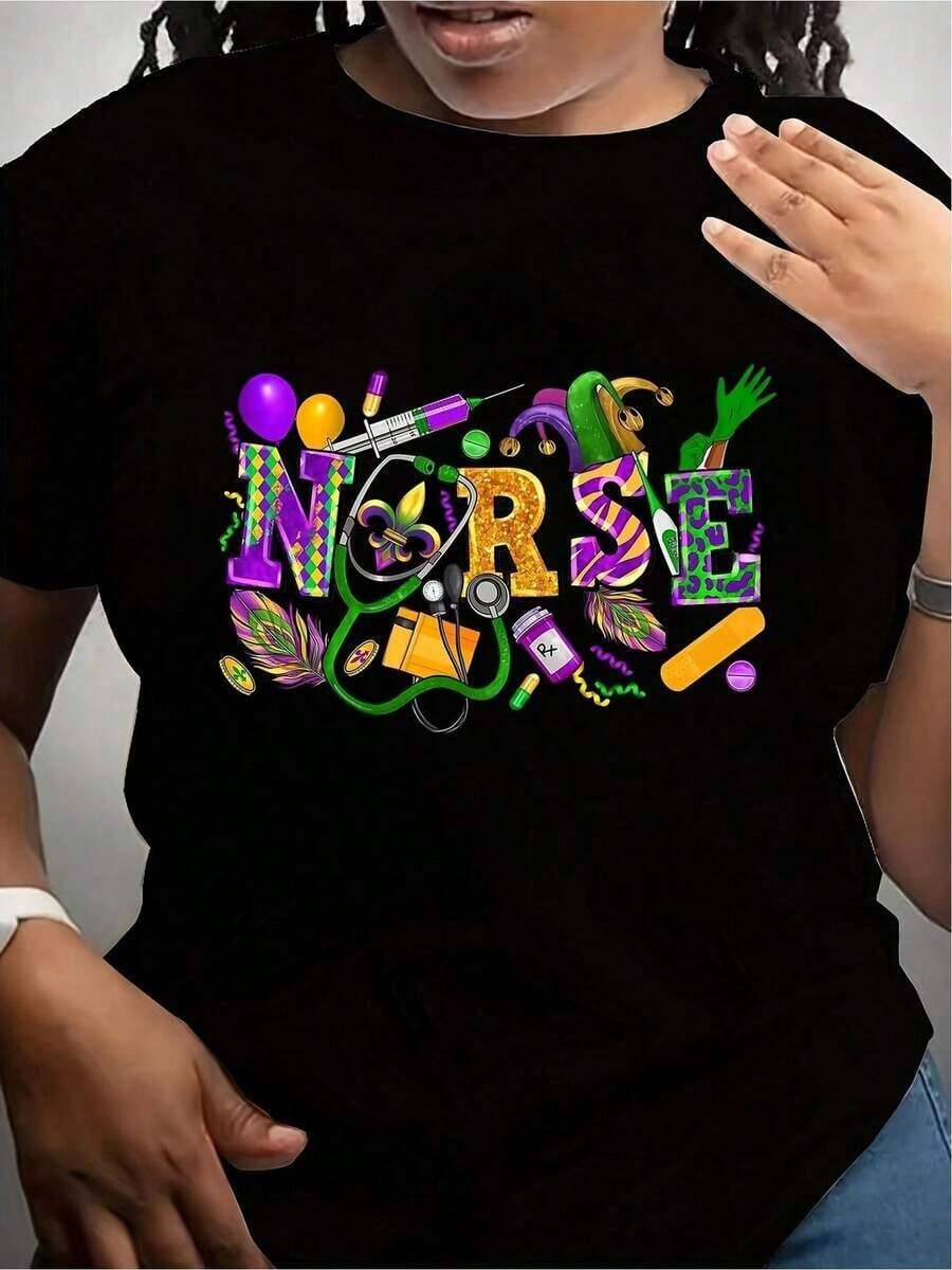 Camiseta única de diseño Y2K con estampado colorido que celebra la cultura mexicana y la profesión de enfermería ideal para mostrar tu orgullo y creatividad en cualquier ocasión, perfecta para los amantes de la moda y el estilo auténtico - Negro - Ver 1