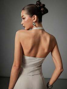 Sleeveless Halter Top With Front Closure And Open Back, Solid Color And Sexy Casual Style For Women - 卡其色 - 查看 5