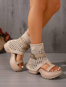 Women's Hollow Out Sandals, Open Toe Ankle Strap Boots With Buckle, Back Zipper Wedge Heel Platform Roman Gladiator Casual Summer Shoes - Beige - View 6