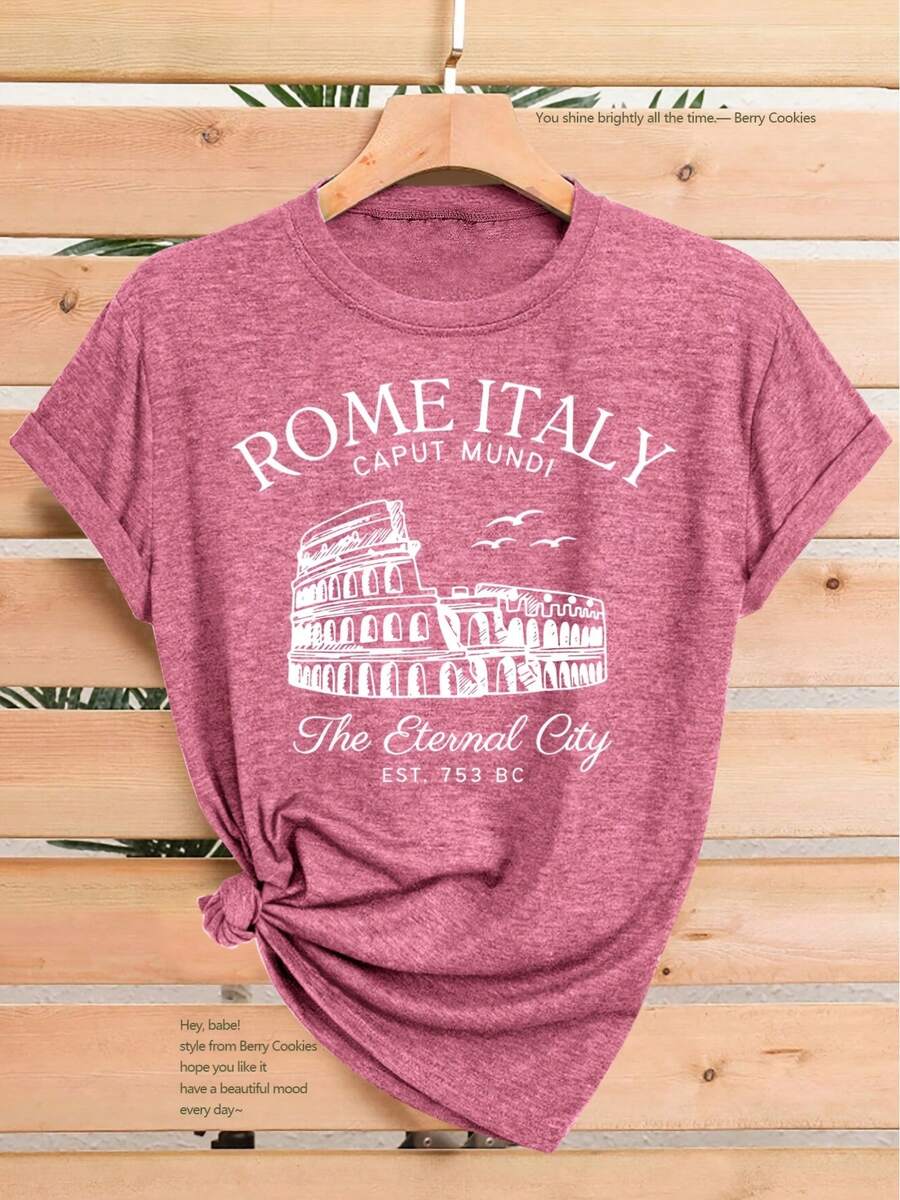 Nueva Camiseta de Manga Corta para Mujer 2026 con Estampado del Coliseo y 'ITALY CAPUT MUNDI', Perfecta para Primavera, Verano y Otoño. Elegante y versátil, esta camiseta de estilo deportivo casual con cuello redondo suave y cómoda. - Rosa - Ver 1