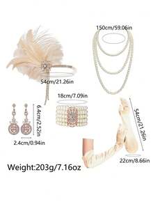 Yanxyad Set Aksesori Wanita Era 1920-an, Bando Dekoratif Flapper, Kalung Flapper, Sarung Tangan Era 20-an - Berwarna merah muda - View 8