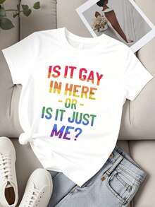 Camiseta de Moda para Mujer con Texto de Orgullo Arcoíris: "¿Es Gay Aquí o Solo Soy Yo? ", Camiseta Gráfica para Uso Casual, Fiestas y Atuendos Diariosblusa casual mujer - Blanco - Ver 4