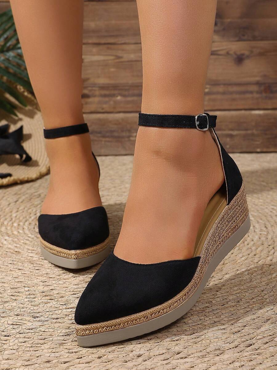 Women's Wedge Sandals Fashion Closed-Toe Design Adjustable Ankle Strap Woven Straw Midsole Casual Commute Black - Black - View 1