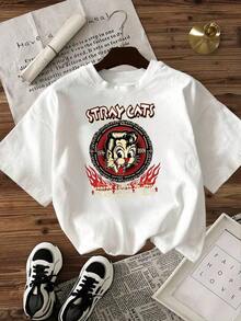 Camiseta de Mujer con Estampado de Gatos Callejeros, Opciones en Blanco y Negro, Estampado Rocker Phantom, Camisetas Casuales para Uso Diario, Tops de Verano, Camisetas con Estampado, Conjuntos de Verano para Mujer, Camisetas Cortas para Mujer, Tops para Mujer, Ropa Vintage de Algodón, Ropa Linda para Mujer, Playera Holgada para Mujer - Blanco - Ver 2