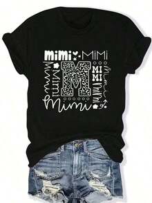 1 pieza de camiseta linda para mujer, talla grande, con estampado "Mimi" - Mezcla suave, diseño divertido de estrellas y corazones, camiseta casual de cuello redondo en color rosa para primavera y verano. |     Tela elástica, suelta y cómoda, tops coloridos estilo y2k, 180g, 100% algodón. - Negro - Ver 1