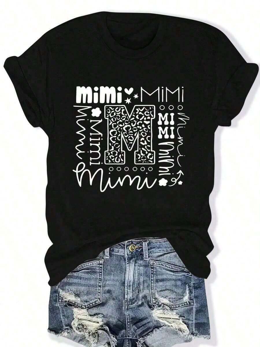 1 pieza de camiseta linda para mujer, talla grande, con estampado "Mimi" - Mezcla suave, diseño divertido de estrellas y corazones, camiseta casual de cuello redondo en color rosa para primavera y verano. | Tela elástica, suelta y cómoda, tops coloridos estilo y2k, 180g, 100% algodón. - Negro - Ver 1