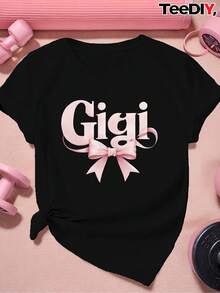 1 camiseta casual de talla grande para mujer, diseño de lazo rosa - fibra de poliéster suave, mangas cortas, cuello redondo, lavable a máquina, negra con letras blancas, adecuada para uso casual, de secado rápido. | Ropa casual a la moda | Textura de punto 180g 100% Algodón - Negro - Ver 11