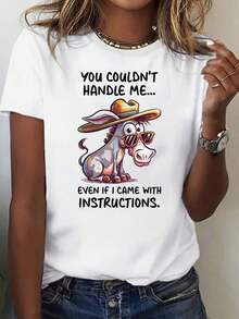Playeras de mujer de algodón, camiseta gráfica divertida de burro para mujer, con el eslogan "You Can't Handle Me", blusa casual de manga corta con tela de elasticidad media, atuendo casual de primavera y verano, lavable a máquina, top con estampado de burro para conjuntos de todas las estaciones. - Blanco - Ver 7