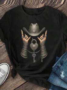 [Camiseta Gráfica de Vaquero Color Granate] Camiseta Gráfica de Vaquero Color Granate para Mujer - Camiseta para Festivales de Música Country Occidental con Detalles Metálicos - Top Casual Elástico para Uso Diario y Fiestas Temáticas - Camiseta de Cuello Redondo Lavable a Máquina, Ropa con Temática de Vaquero, Tela de Elasticidad Media, Atuendo de Primavera Verano, Ajuste Cómodo, Camiseta de Manga Corta, Blusa Casual para Mujer, Playeras de Mujer de Algodón - Negro - Ver 9
