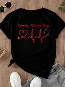 Women's T-Shirt With Stethoscope And Heartbeat Print For Nurses Day, Casual Summer Clothing For Women - 黑色 - 查看 2