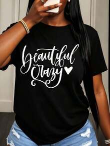 Camiseta Casual para Mujer con Bonito Estampado de Corazón para Uso Diario y Salidas - Negro - Ver 6