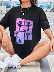 Playeras de mujer con estampado de bailarina de ballet - Diseño de pose de baile a cuadros en negro, morado y rosa, corte holgado con hombros caídos y cuello redondo, top casual elástico para todas las estaciones, lavable a máquina, regalo de ballet para bailarines y amantes del baile. Playera de verano para mujer con estampado gráfico casual, manga corta, cuello redondo, suave y transpirable, ideal para uso diario en la calle. Blusas casuales para dama. - Negro - Ver 1