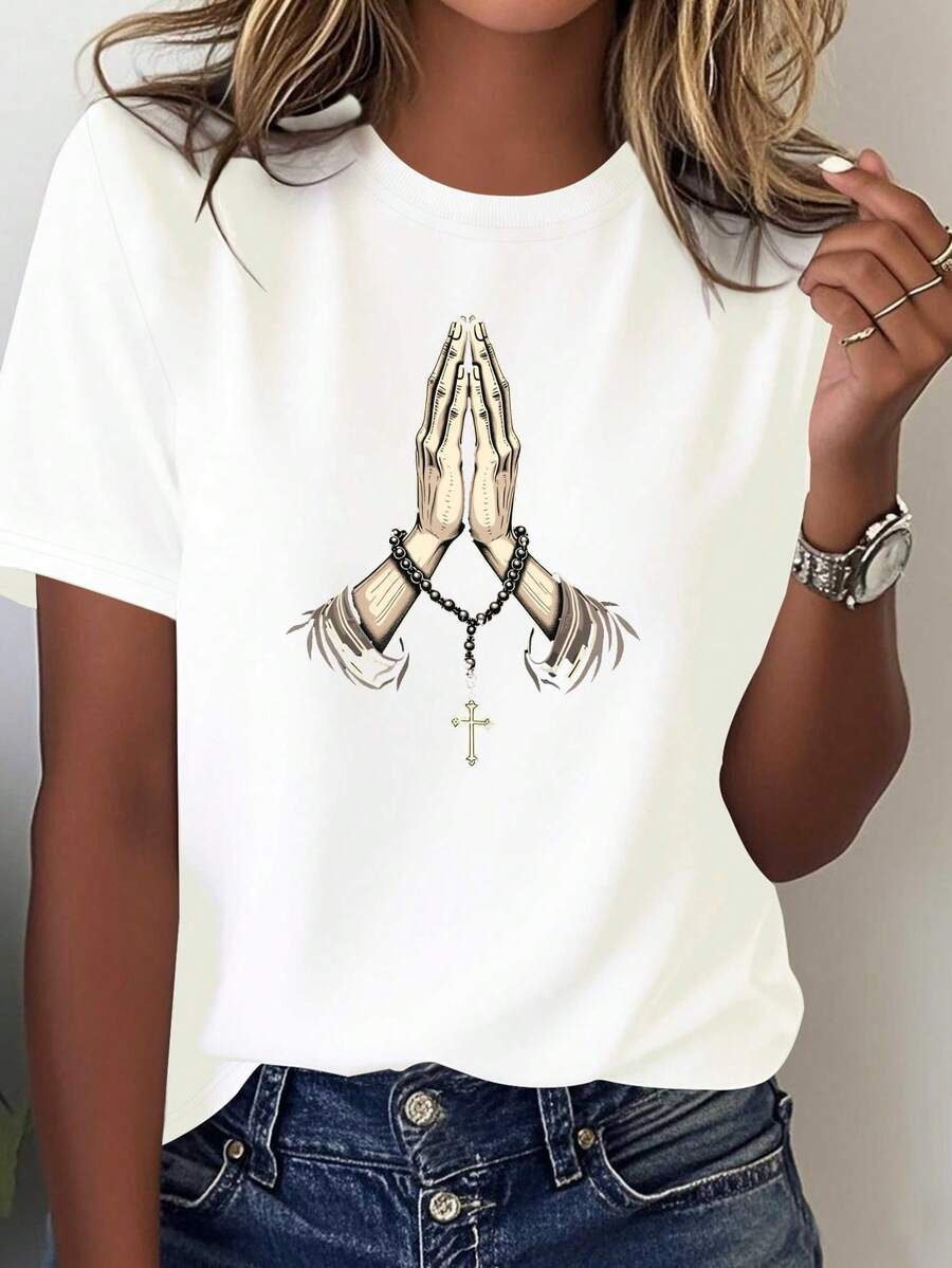 Camiseta de Algodón para Mujer de Diseño Sencillo y Versátil con Brazalete de Oración y Cruz - Ropa Religiosa, estilo casual con cuello redondo suave, adornada con motivos de gesto de oración y cruz, lavable a máquina, adecuada para la iglesia y el uso diario. - Blanco - Ver 1