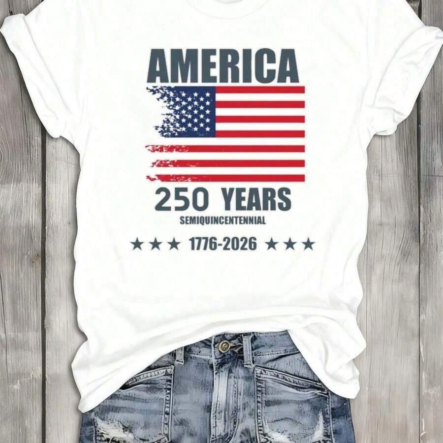 Camiseta Vintage para Mujer del 250º Aniversario de la Independencia de EE. UU. - Diseño del Día de la Independencia de 1776, Paleta de Colores Cómoda con Patrones Vintage, con la Bandera Nacional y Texto del 250º Aniversario, Adecuada para el 4 de Julio, Una Camiseta Casual de Manga Corta con Cuello Redondo para Eventos Históricos y Uso Diario - Un Regalo Ideal para Mujeres. - Blanco - Ver 1