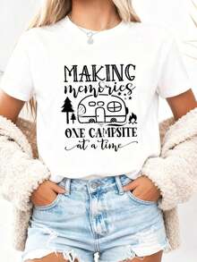 1 pieza de camiseta gráfica vintage para mujer con diseño de campamento, con el eslogan "Un campamento a la vez" y diseño de furgoneta camper, suave, elástica, de cuello redondo y manga corta, para entusiastas de las actividades al aire libre, ropa de camping, casual, 180g, 100% algodón. - Blanco 3 - Ver 10