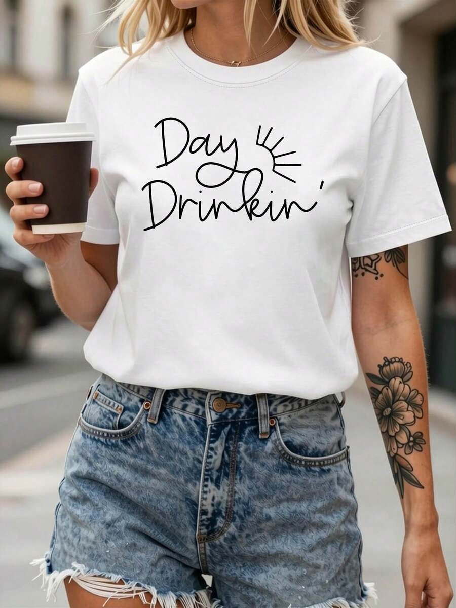 Camiseta moderna y minimalista para mujer, con estampado informal y diseño de sol dibujado a mano, manga corta, estilo relajado y casual, ideal para fiestas de verano para entusiastas del vino, uso diario informal. - Blanco - Ver 1