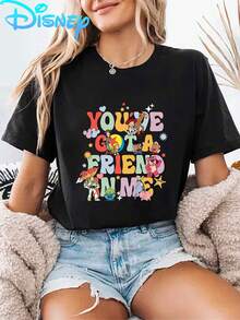 Disney Licensed Toy Story "You'Ve Got A Friend In Me" Printed T-Shirt, Classic Cartoon Short Sleeve, Summer Women'S Fashion, Casual, Comfortable, Soft, Suitable For Daily Outdoor, Fitness, Breathable Round Neck Short Sleeve T-Shirt - 黑色 - 查看 1