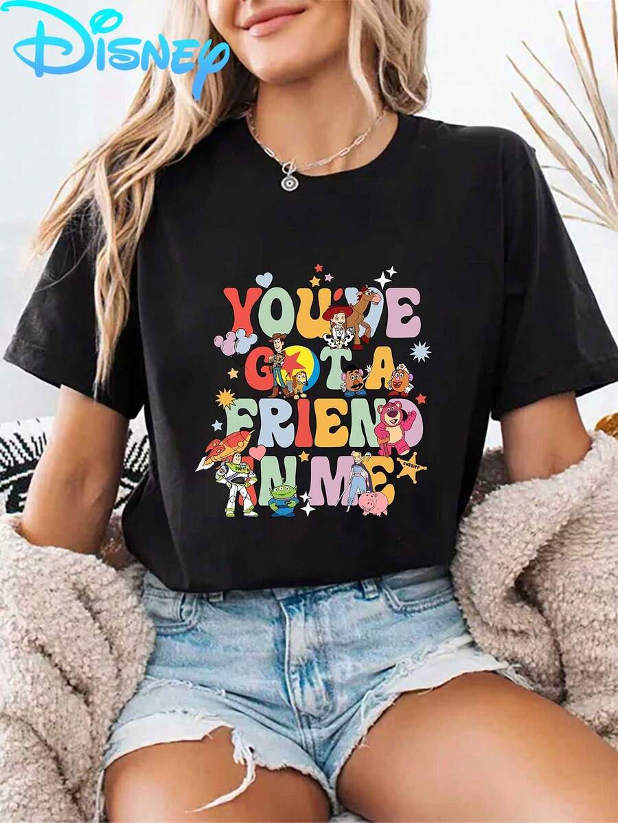 Disney Licensed Toy Story "You'Ve Got A Friend In Me" Printed T-Shirt, Classic Cartoon Short Sleeve, Summer Women'S Fashion, Casual, Comfortable, Soft, Suitable For Daily Outdoor, Fitness, Breathable Round Neck Short Sleeve T-Shirt - 黑色 - 查看 1