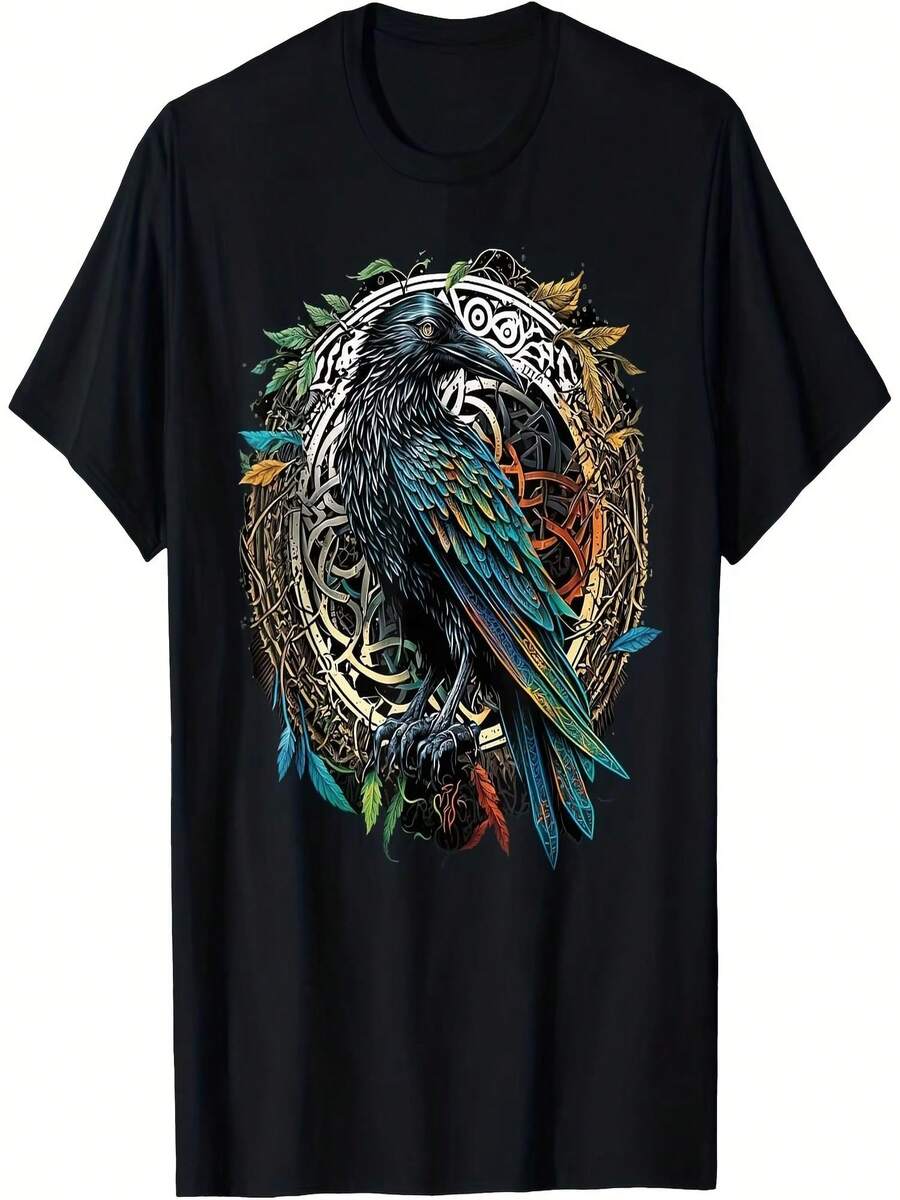 Camiseta de mujer con estampado de cuervo vikingo, camiseta informal de algodón negro, dise?o del dios del trueno de Midgard Valhalla con Odín, ropa masculina Intrinsic - Negro - Ver 1