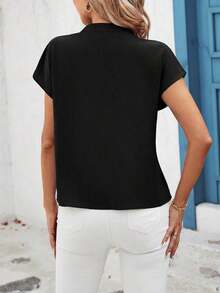Blusa de moda con escote entallado y manga corta de unicolor con lentejuelas para mujer - Negro - Ver 2