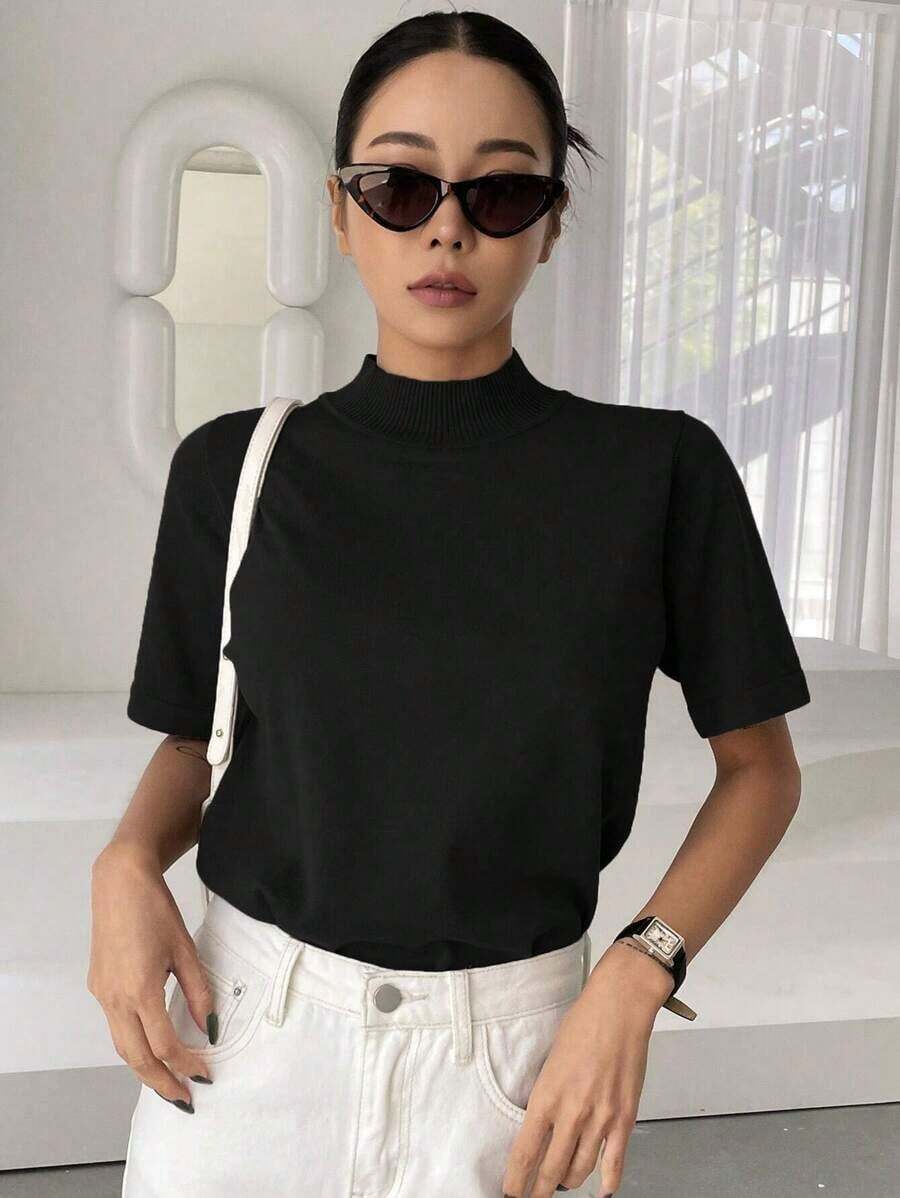 Blusa de punto acanalado con cuello alto, ropa de otoño, ropa de vuelta al colegio - Negro - Ver 1