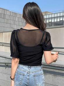 Top de mangas abultadas de malla de contraste, tops para salir de transparentes - Negro - Ver 2