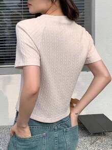 Designer Camiseta de manga raglán de unicolor para mujer, tops de estilo universitario para el verano - Albaricoque - Ver 5