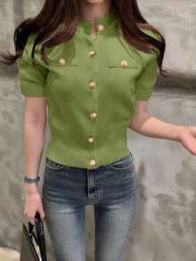 Cárdigan casual de mujer de punto ajustado de manga corta y de una sola hilera de botones - Verde - Ver 4