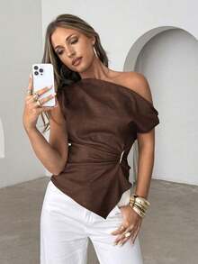 Blusa asimétrica de hombro casual y minimalista de unicolor para mujer - Marrón - Ver 6