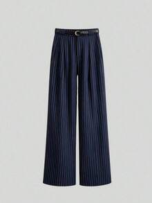Pantalones rectos de cintura media de unicolor elegante con cinturón, negro, primavera - Multicolor - Ver 4