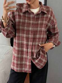 Camisa de manga larga con cuello vuelto, bordado de dibujos animados, estilo coreano casual, primavera/verano para mujer - Rosa Roja - Ver 8
