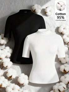 Set de 2 camisetas de manga larga y cuello alto ajustadas como capa base para mujer, adecuadas para la transición de otoño y para salir - Blanco y Negro 2 - Ver 11