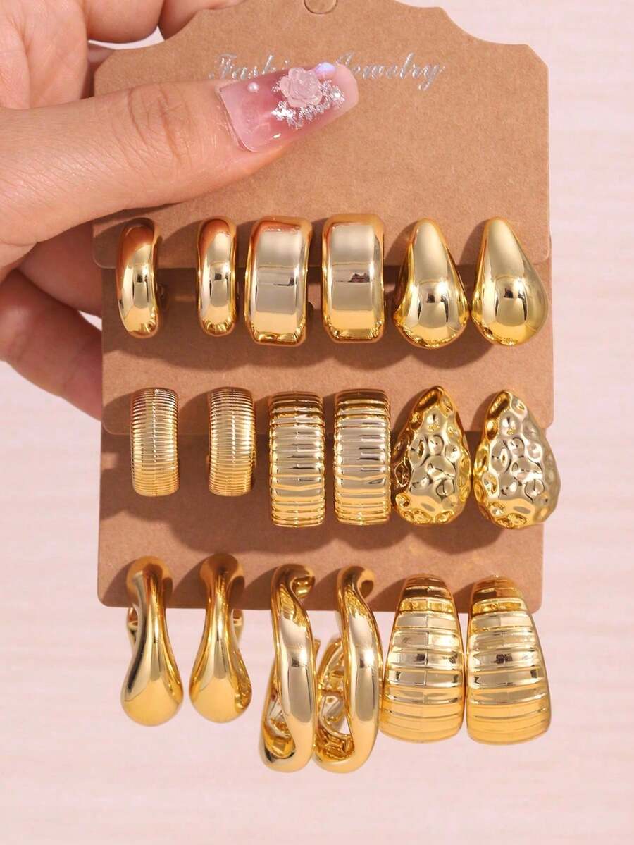 6/18piezas Juego de Aretes de Moda Dorados para Mujer, Adecuado para Uso Diario - Dorado - Ver 1