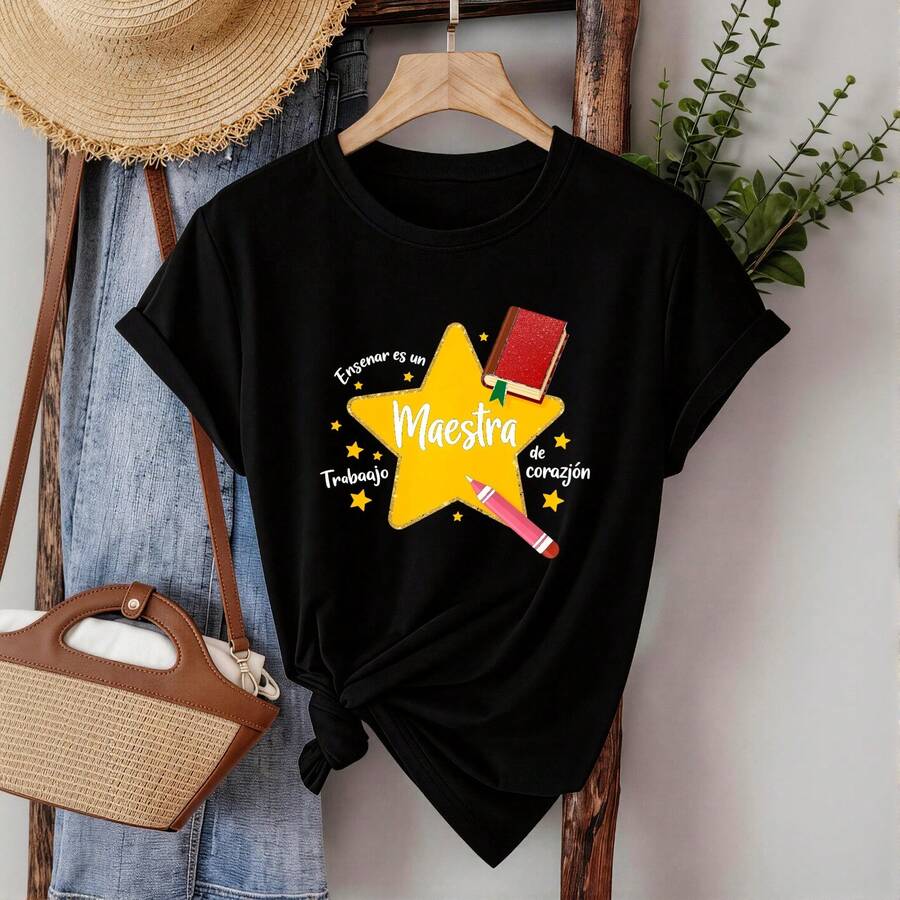 Camisetas de cuello redondo para mujer Estampado dulce Maestra De Corazon Trabajo Estimar Es Un Resistente a la decoloración Para el día a día y vacaciones |Camiseta casual suave - Negro - Ver 1