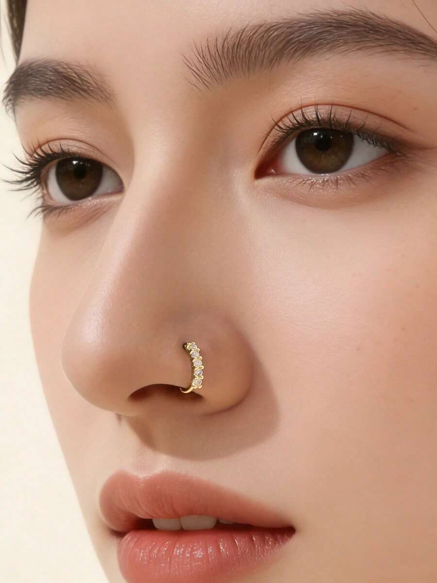 1pc Fashionable Minimalist Single Row Zirconia Nose Ring, Nose Piercing Jewelry For Women - Yellow Gold - View 1
