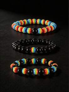 Rainbow Bead Bracelets For Pride Month – Colorful LGBTQ+ Jewelry Gift Set With Black Accent Beads, Adjustable Waterproof Design Couple's Gift , Fashion Accessory For Pride Festival - Colorful - View 2