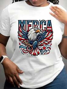 Camiseta Casual con Diseño Patriótico de Águila Americana, Texto "Merica", Colores de la Bandera de Estados Unidos, para Celebración del Día de la Independencia, Fiesta del 4 de Julio, Ropa Casual para Mujeres. - Blanco - Ver 6