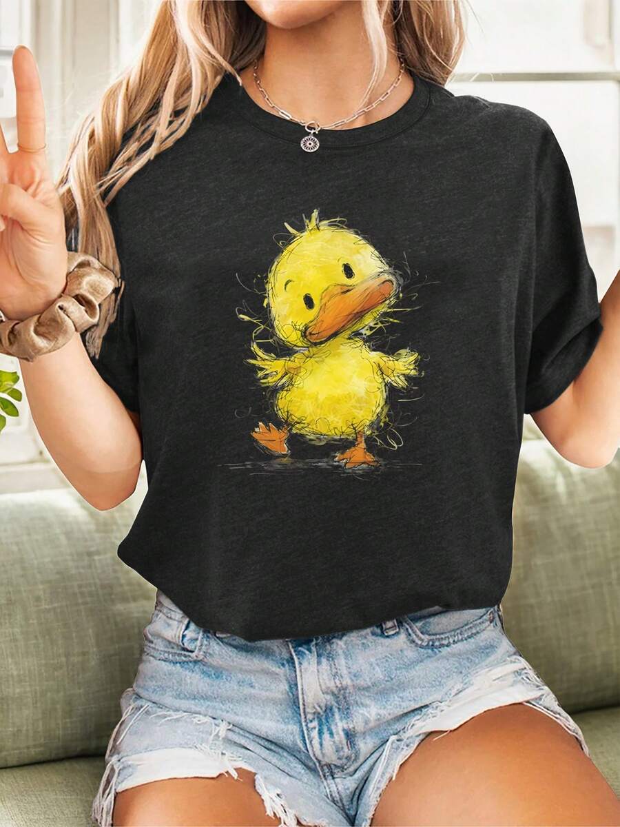 Una camiseta de manga corta para mujer, moderna, a la moda, retro y de corte holgado, adecuada para actividades al aire libre en primavera y verano.Camiseta de manga corta de verano para mujer, estilo europeo y americano, con un estampado de pato adorable, estilo urbano a la moda, top deportivo casual versátil, camiseta de manga corta con cuello redondo.blusas para mujer,blusas casuales para dama,tops,, mujer premium,y2k,playeras de mujer curvy,ofertas y liquidaciones ropa mujer,playeras deportivas para mujer,,playeras de hombre, mujer,blusas>elegante OJTH - Negro - Ver 1