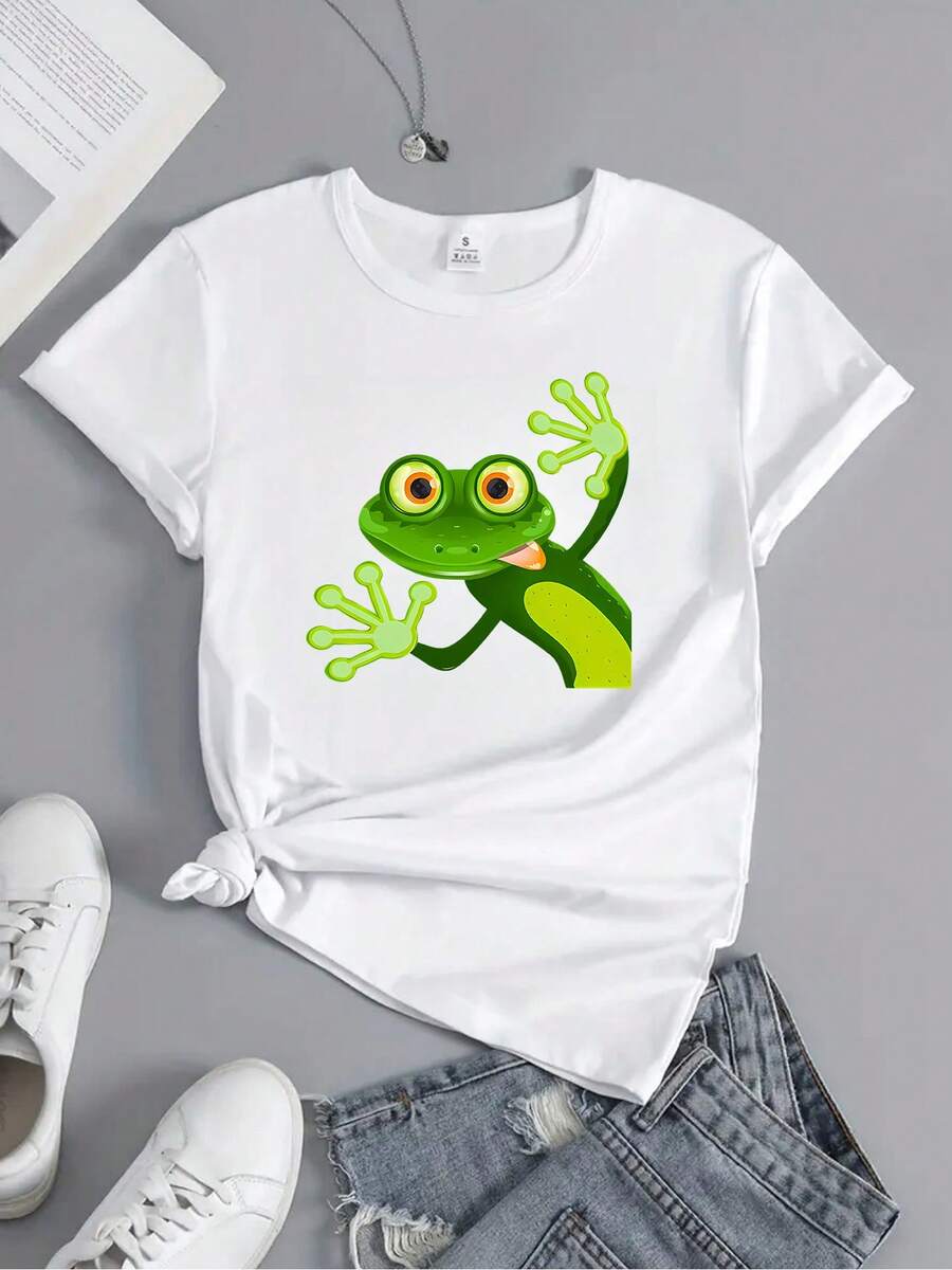 Camiseta de mujer con un lindo estampado de rana de dibujos animados, bolsillo tipo canguro, gorra casual de mujer y diseño estampado para usar todo el año. Camiseta casual de cuello redondo para mujer con estampado gráfico de Canadá, popular en verano, transpirable, cómoda, top deportivo casual de manga corta, ropa de mujer. - Blanco - Ver 1