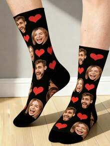 1 Pair Personalized Customized Black Knitted Comfortable Romantic Face & Heart Print Socks, Suitable For Anniversary/Gift Occasions, Unique Gift, Creative Photo - Multicolor - View 4
